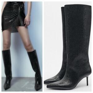 NWT Zara Shiny Black Knee High Kitten Boots Size 7.5 Holiday Party